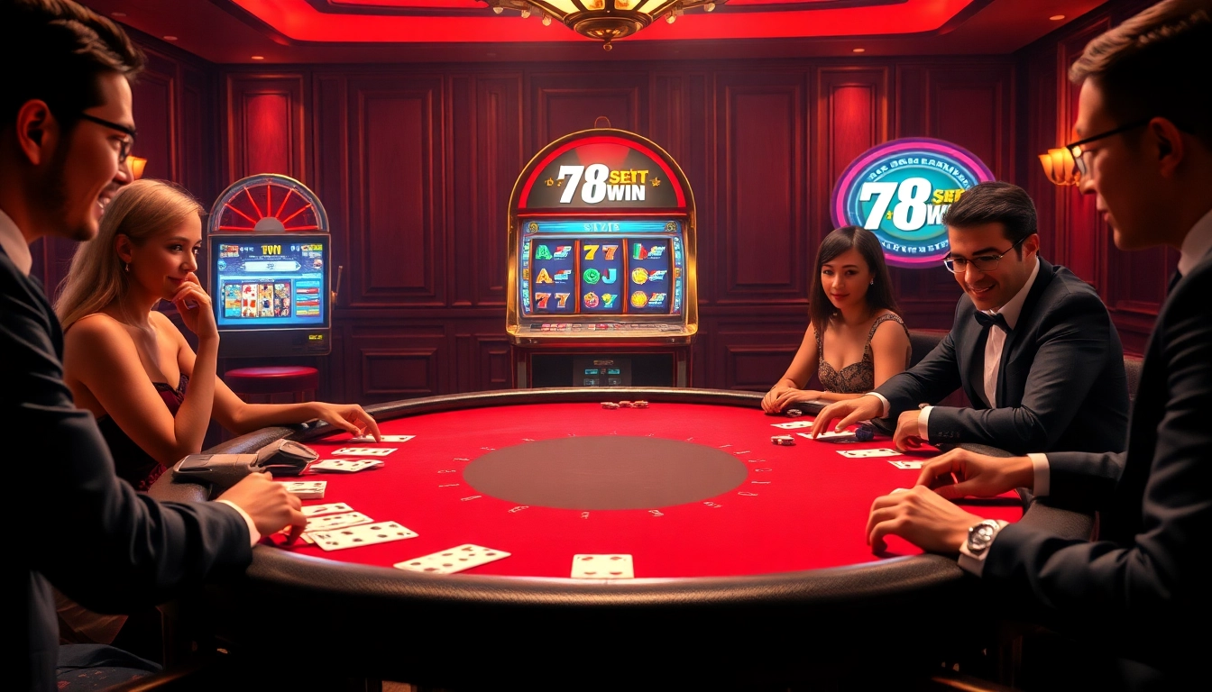 Players engaging in a thrilling poker game at 78WIN's luxurious online casino.