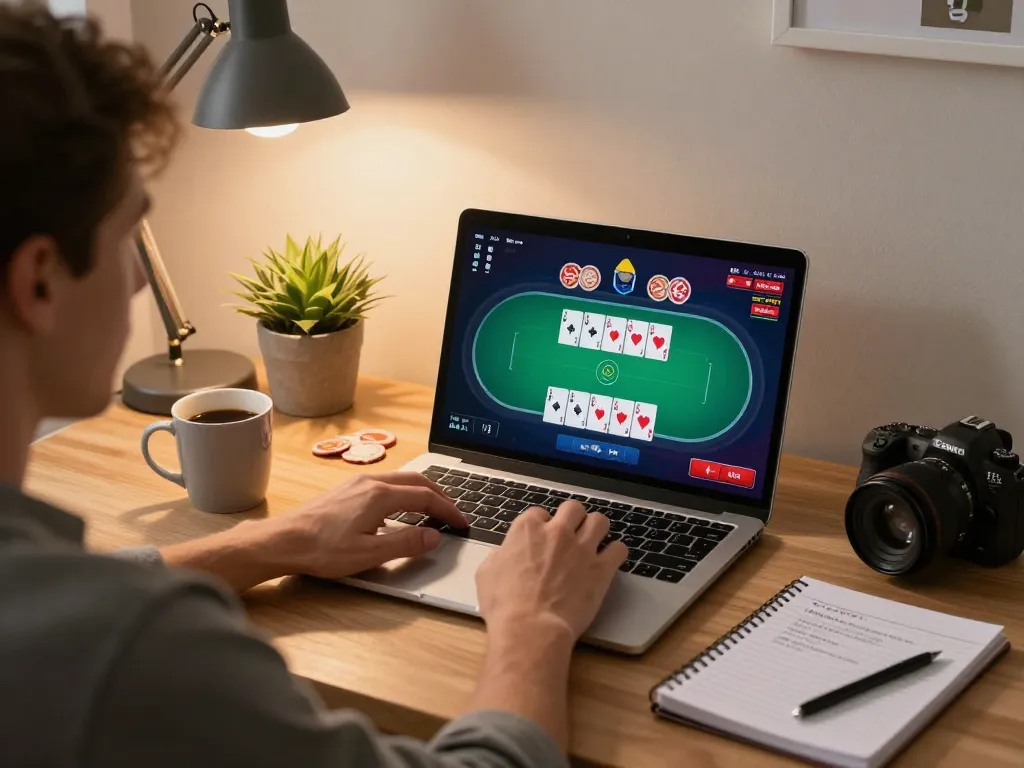 1Gom poker gameplay scene on a laptop in a cozy home office with strategy notes and coffee.