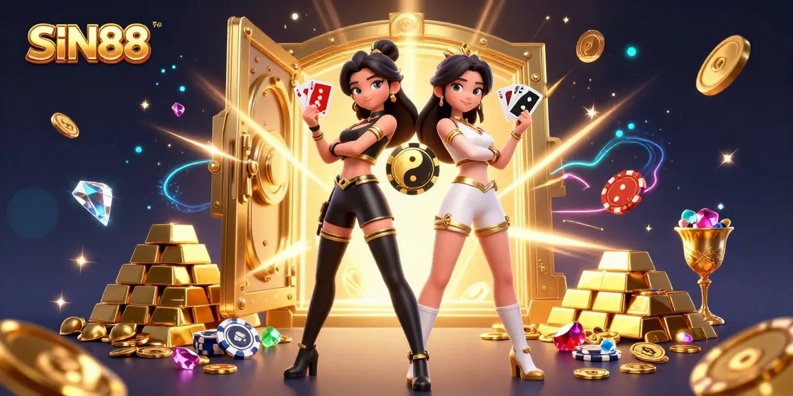 SIN88 showcases a dynamic casino scene with twin Asian women holding playing cards amidst treasures and gold.