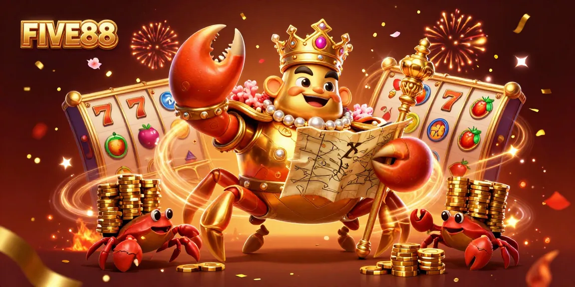 Experience the excitement of FIVE88 with colorful slot reels and a majestic crab emperor.