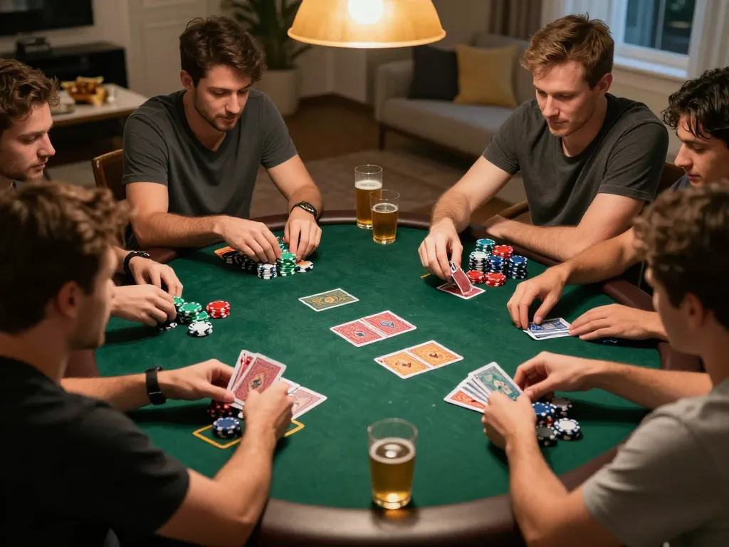 Players enjoying a thrilling poker game at home, strategically using link F8bet for their online gaming sessions.
