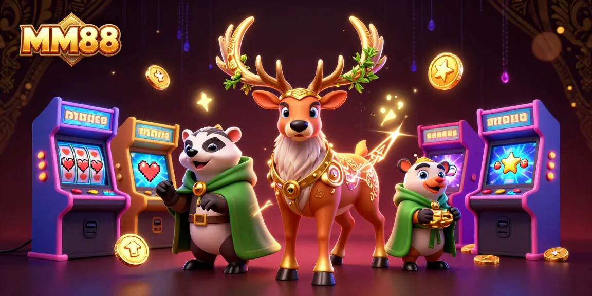 Experience the thrill at MM88 with vibrant gaming characters surrounded by casino elements.