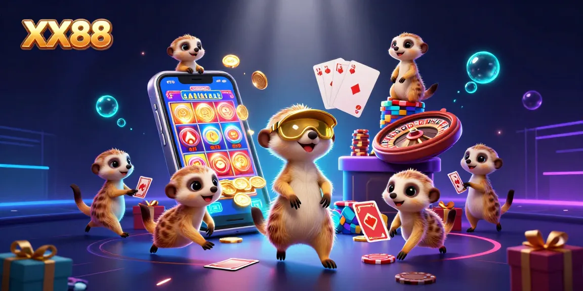 Experience the excitement of XX88's dynamic casino scene with playful meerkats amidst games and gold!