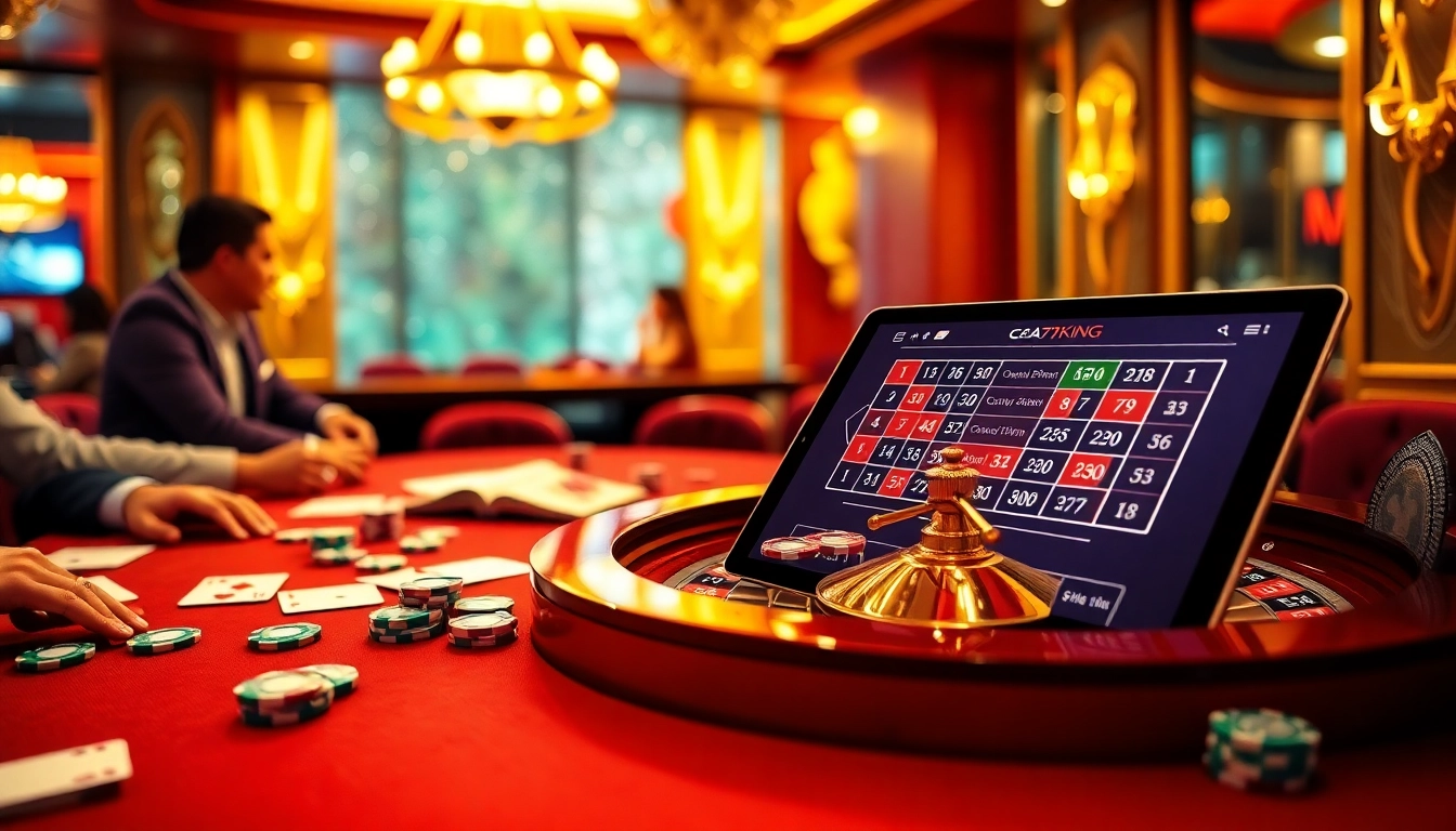Gambling scene showcasing Nhà cái 79KING with poker chips and cards on a luxurious gaming table.