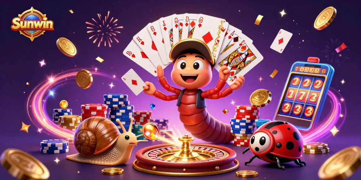 Experience thrilling gameplay at Sunwin with a vibrant casino scene featuring energetic characters, chips, and games.