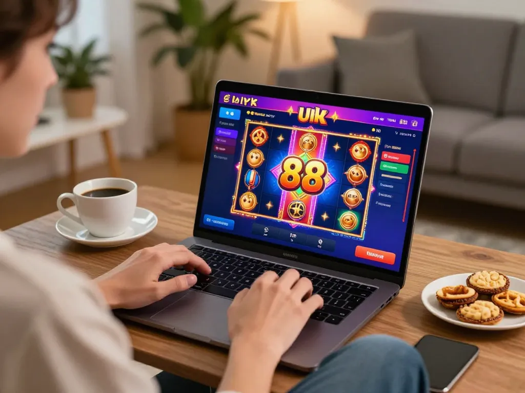 Engaged player experiencing the exciting Uk 88 online casino gaming on their laptop at home