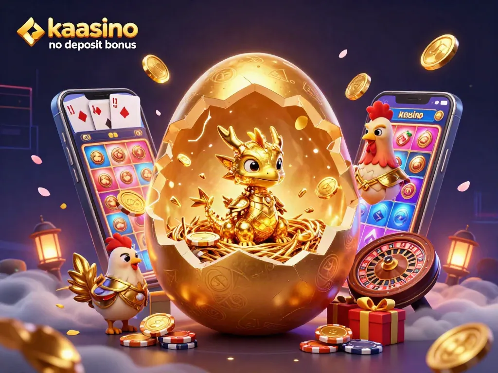 Claim your kaasino no deposit bonus with a delightful baby dragon amid poker chips and golden elements.