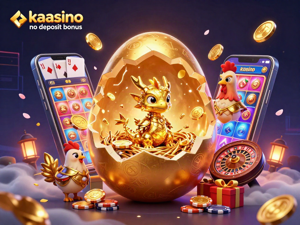 Claim your kaasino no deposit bonus with a delightful baby dragon amid poker chips and golden elements.