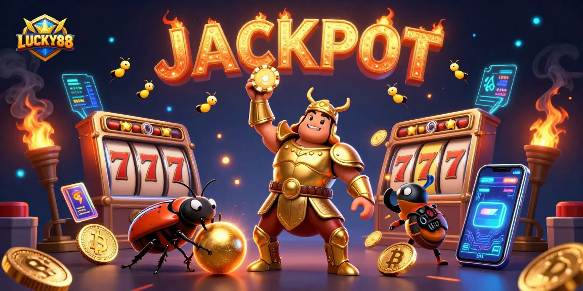 LUCKY88 brings excitement with a victorious beetle lifting a poker chip and jackpot fireflies!
