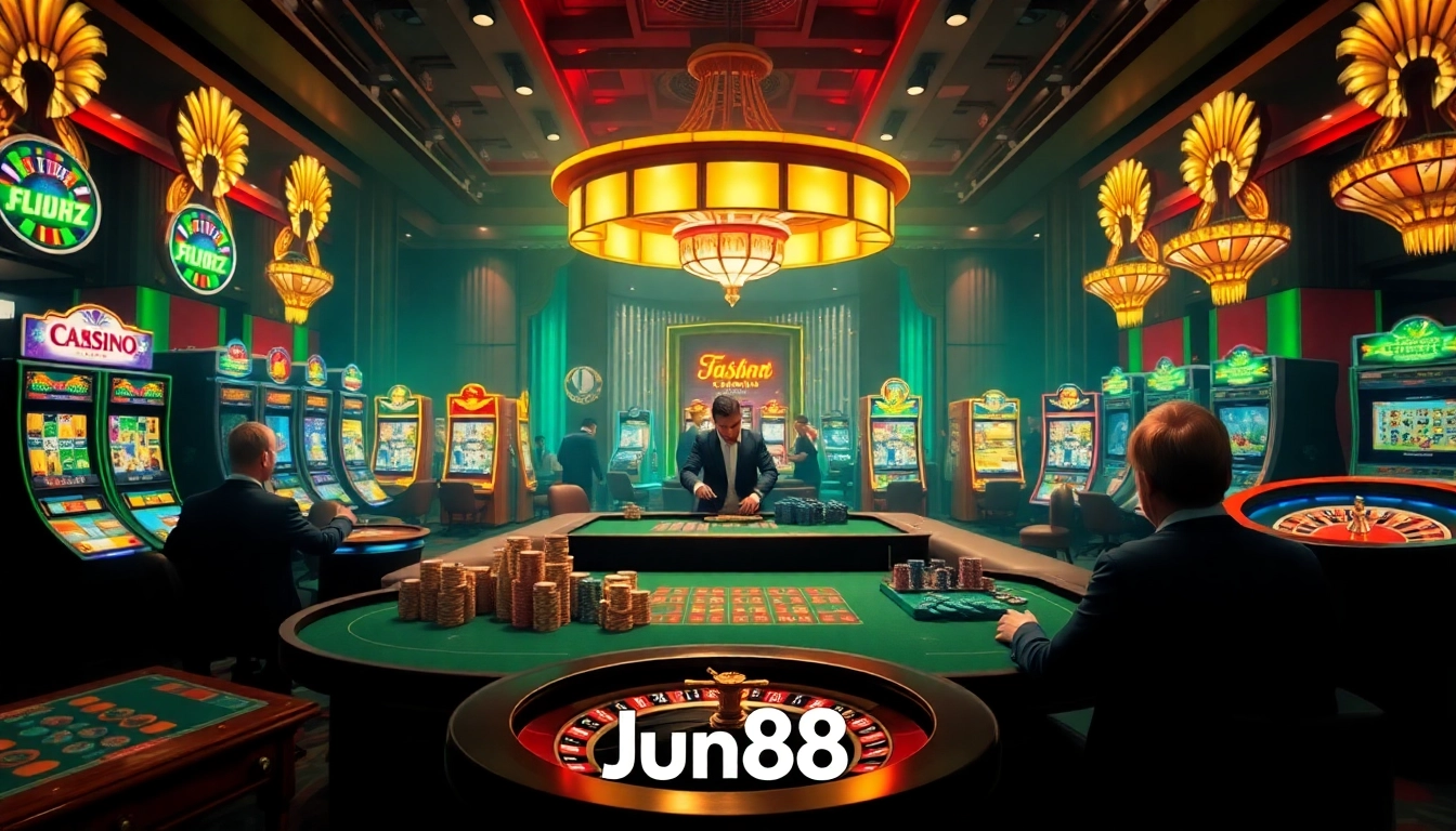 Engaging scene of Nhà cái Jun88 with players at a thrilling casino table and vibrant slot machines.
