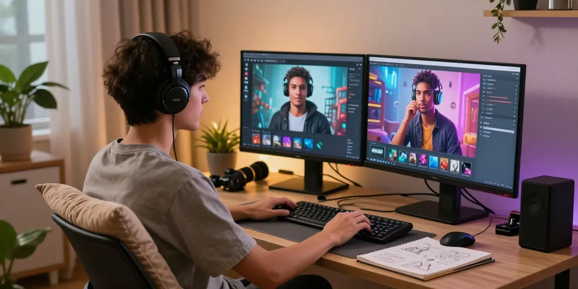 Interactive scene of user exploring nsfw character ai platform on dual screens in cozy home office.