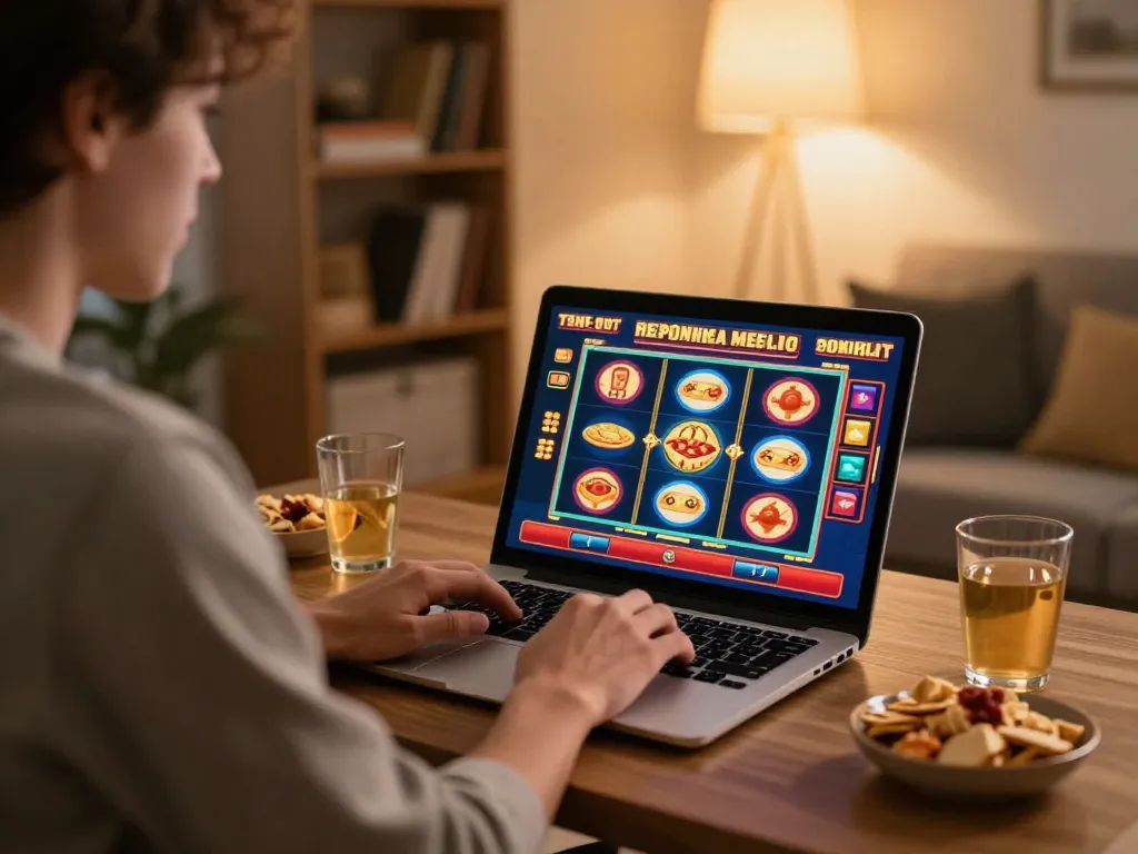 Player enjoying tg88 online slot game at home, showcasing vibrant interface and cozy atmosphere.