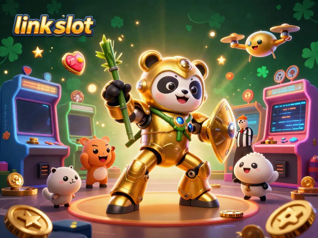 Engage with the vibrant link slot experience featuring a mech-suit panda amidst cheering fans and colorful game machines.