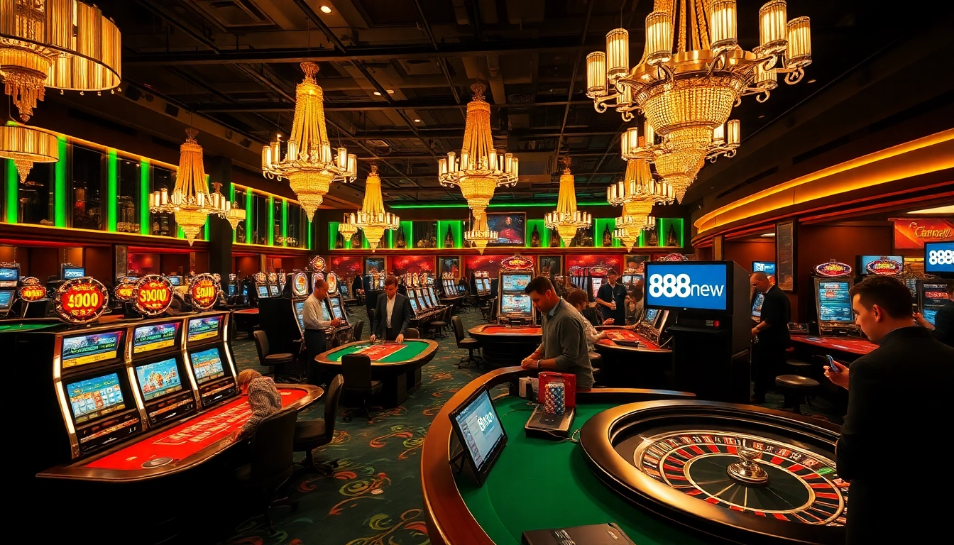 Thrilling gameplay at 888new casino showcases poker tables, vibrant slot machines, and roulette wheels.