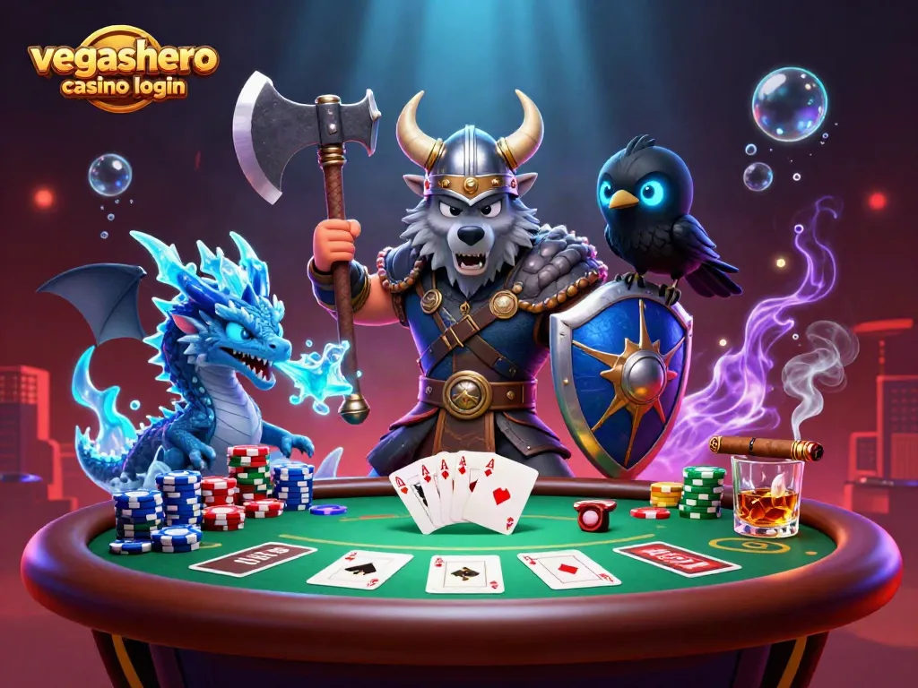 Engage with the vegashero casino login featuring an epic Viking wolf warrior, dragon, and poker elements.
