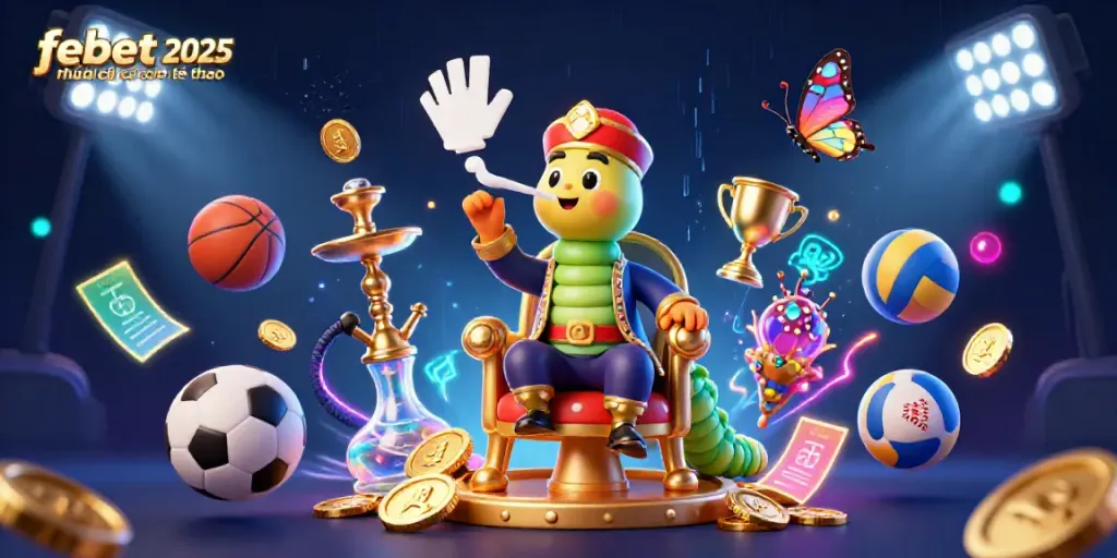 Experience the excitement of febet 2025 nhà cái cá cược thể thao with a dynamic scene of a whimsical caterpillar-themed illustration featuring sports and gambling elements.