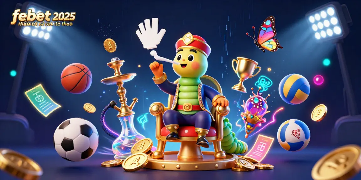 Experience the excitement of febet 2025 nhà cái cá cược thể thao with a dynamic scene of a whimsical caterpillar-themed illustration featuring sports and gambling elements.