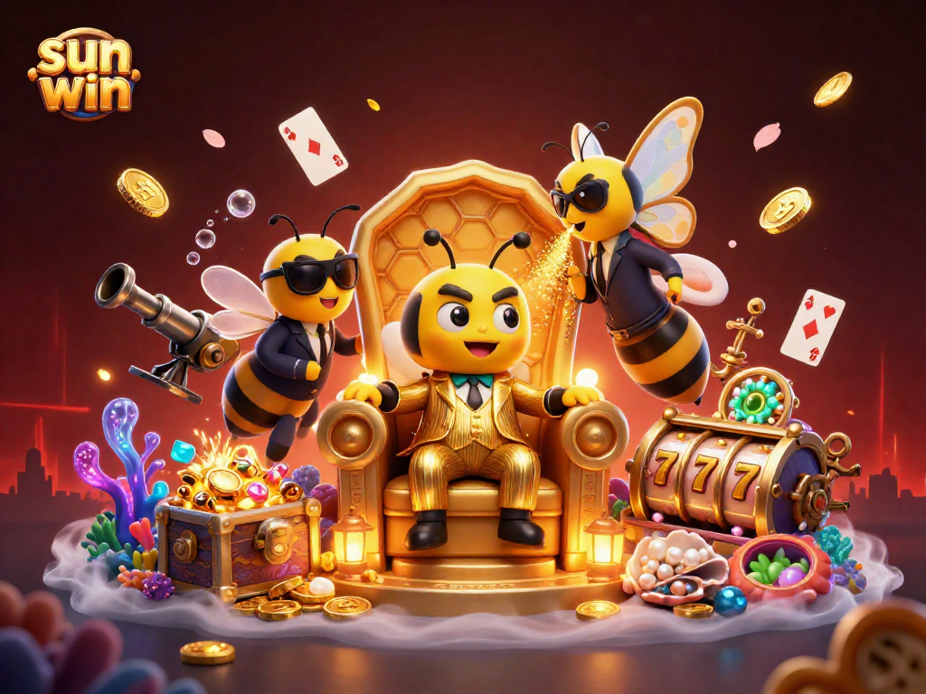 Engage with sun win's vibrant 3D casino scene featuring a bumblebee mob boss and treasures!