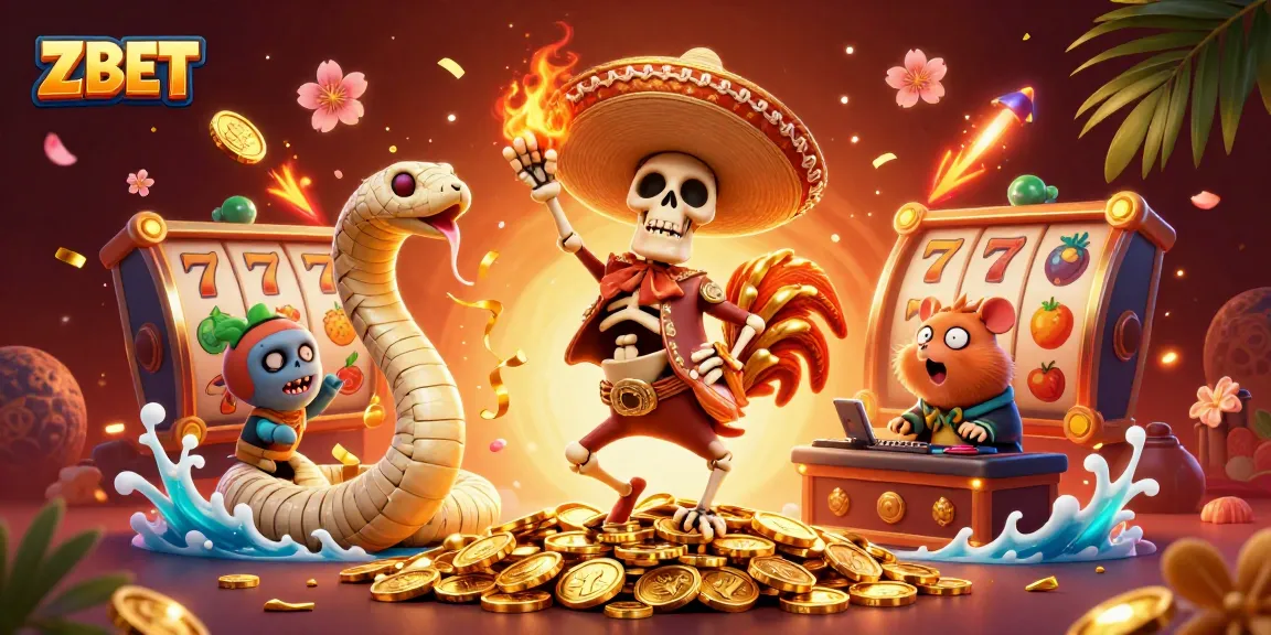 Engage in thrilling action with ZBET as the mascot victory dances amidst gold and slot reels