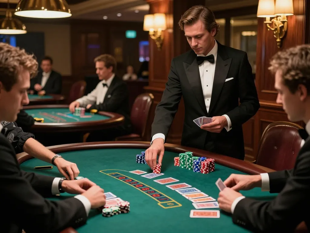 rik88 players making strategic moves at an upscale blackjack table, showcasing dynamic casino gameplay.