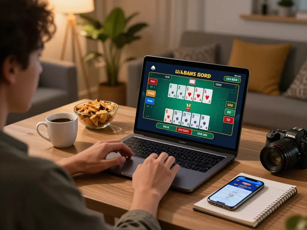 Engaging in online blackjack at lv88 with stylish home setup, dynamic gaming atmosphere.