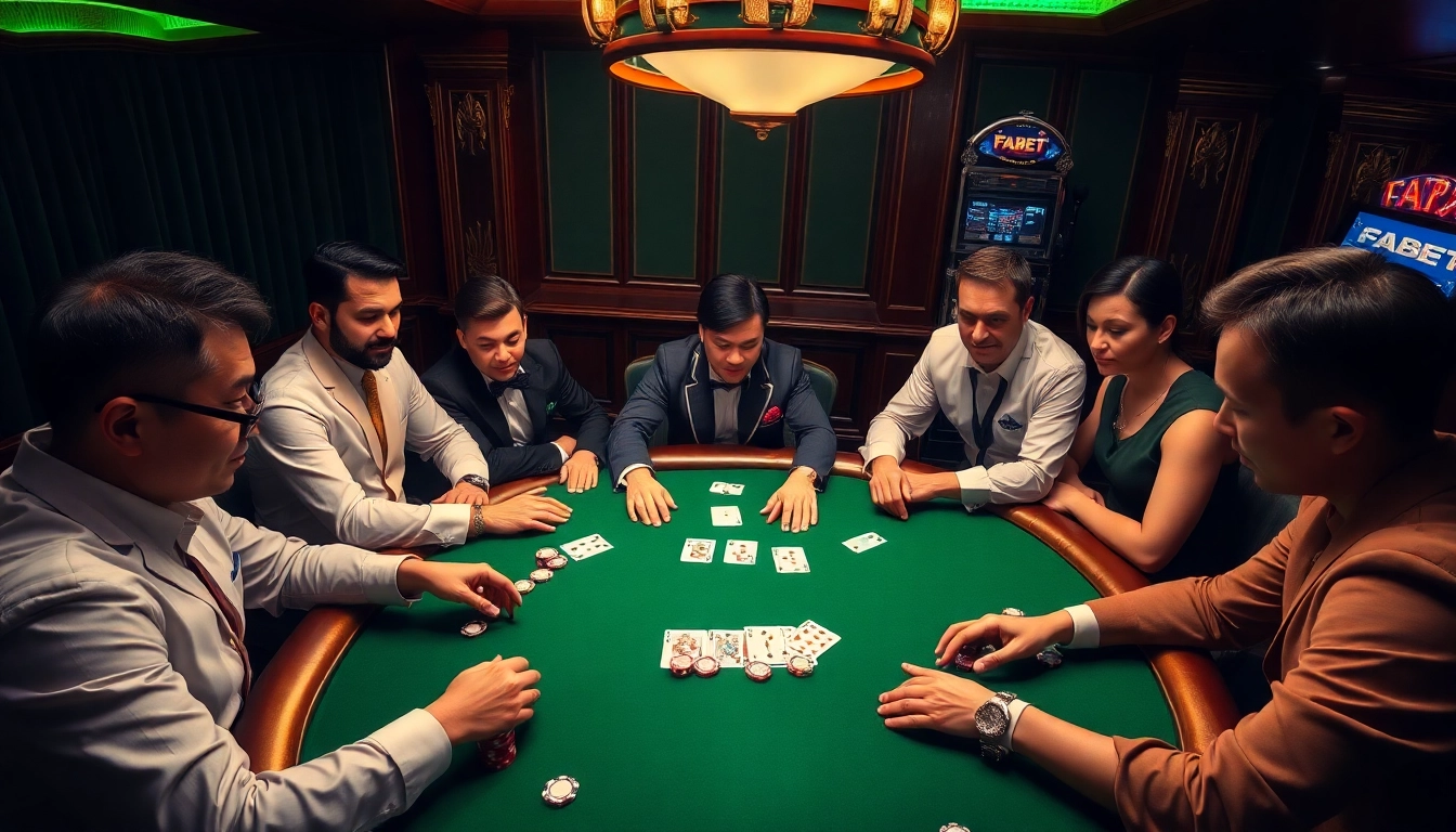 Engaging poker game at a FABET casino table showcasing players' strategies.