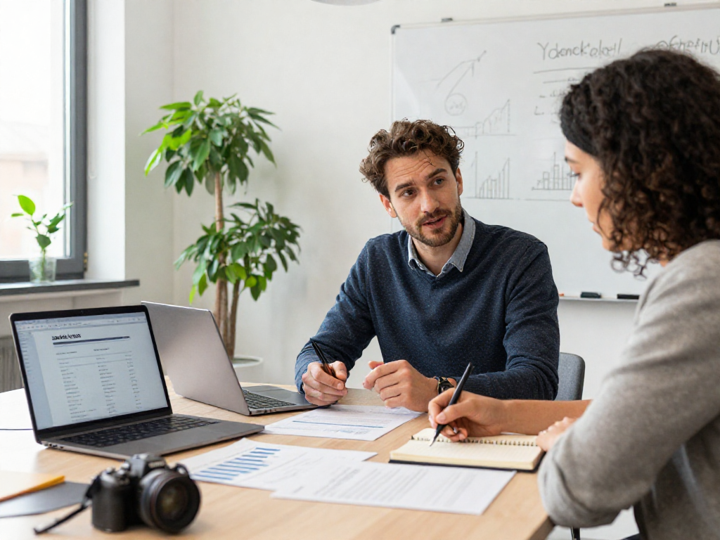 Zakelijk krediet bespreking tussen financieel adviseur en ondernemer in moderne kantooromgeving.