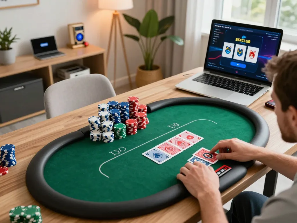 B52CLUB player engaging in an online poker match on a laptop with chips and cards visible