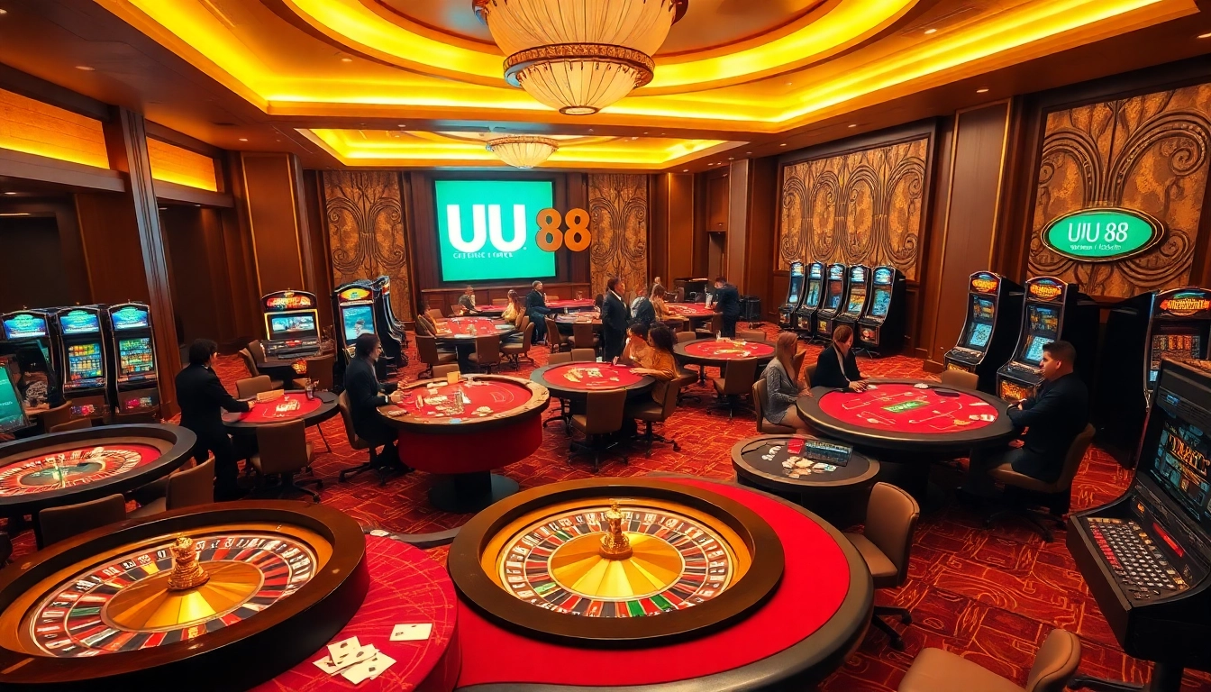 Excited players enjoying various games at UU 88 casino with luxurious tables and vibrant atmosphere.