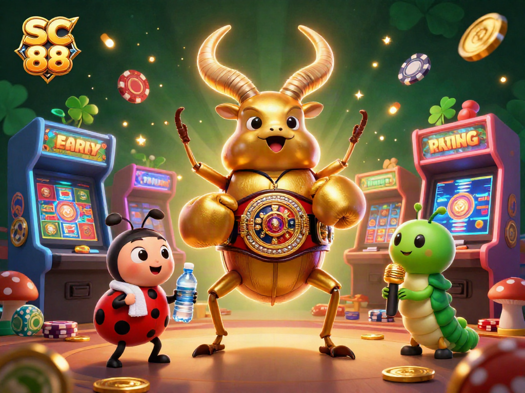 Engage in thrilling moments with SC 88 as a golden stag beetle and characters bring a vibrant casino atmosphere alive.