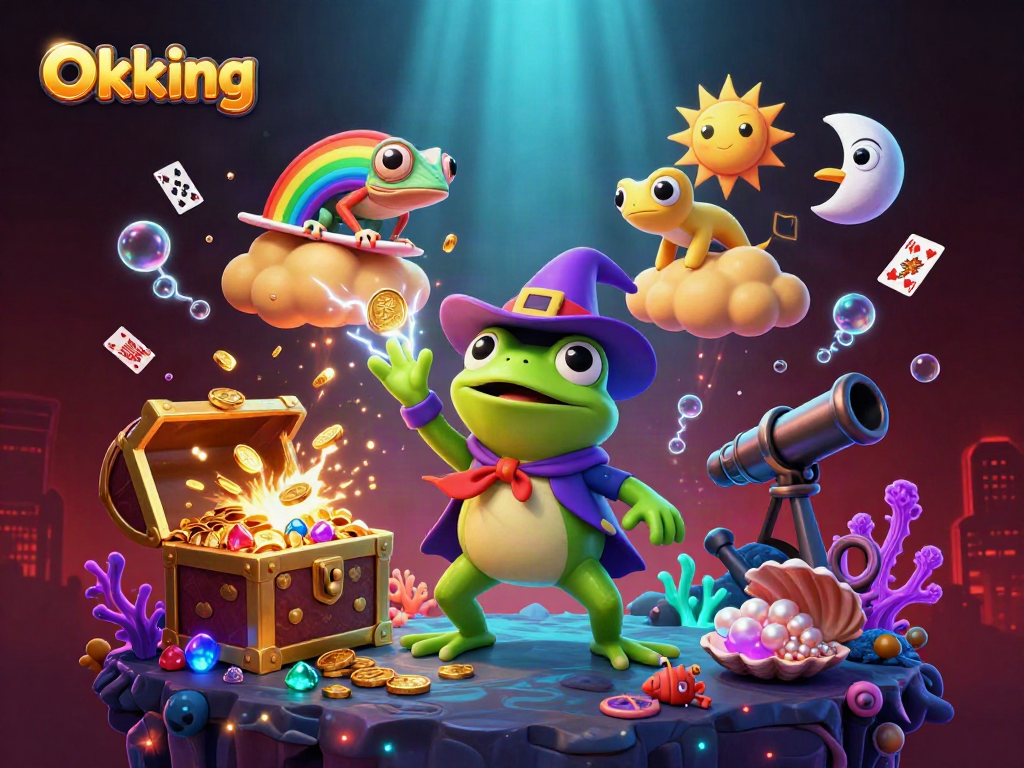 Okking’s exhilarating storm of golden coins depicted through vibrant 3D art, capturing the thrill of online gaming.
