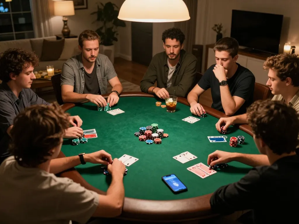 Friends enjoying a poker night at home while tracking DA88 performance on their smartphones.