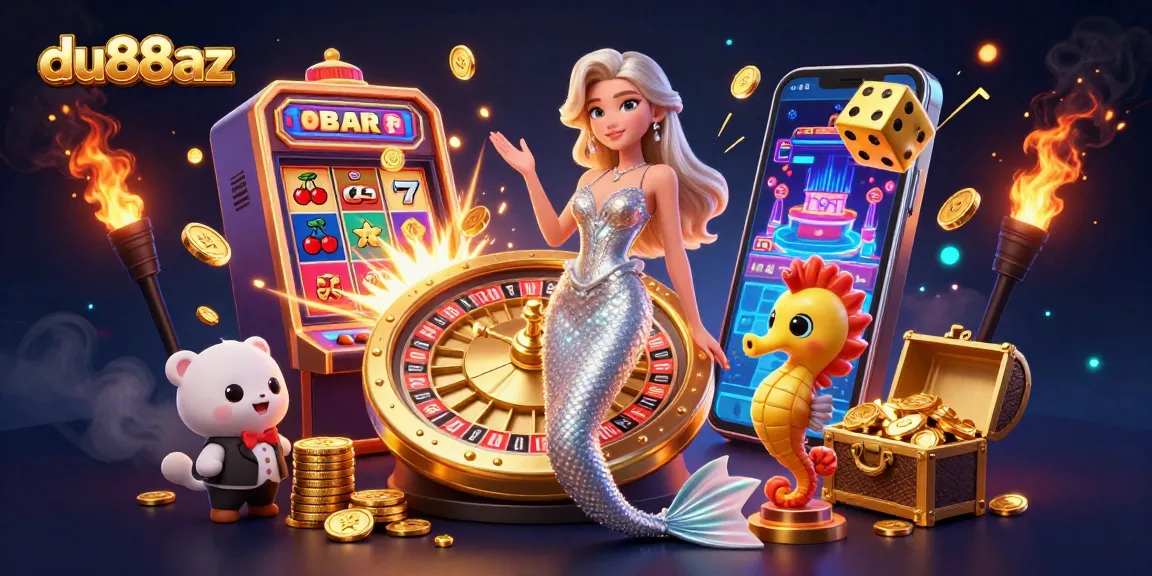 Place bets and win big at du88az Casino featuring a vibrant roulette wheel and slot machines.
