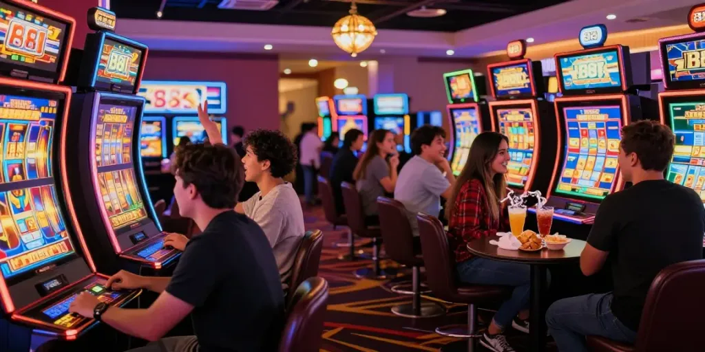 Pengunjung bermain slot88 di kasino dengan cahaya neon cerah dan suasana meriah.