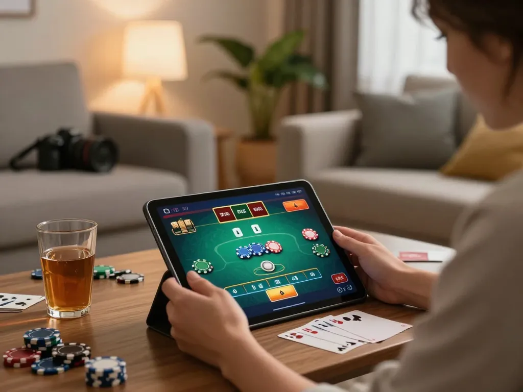 Enjoying online poker gameplay with bj88bj on a cozy tablet setup, chips and notes on the table
