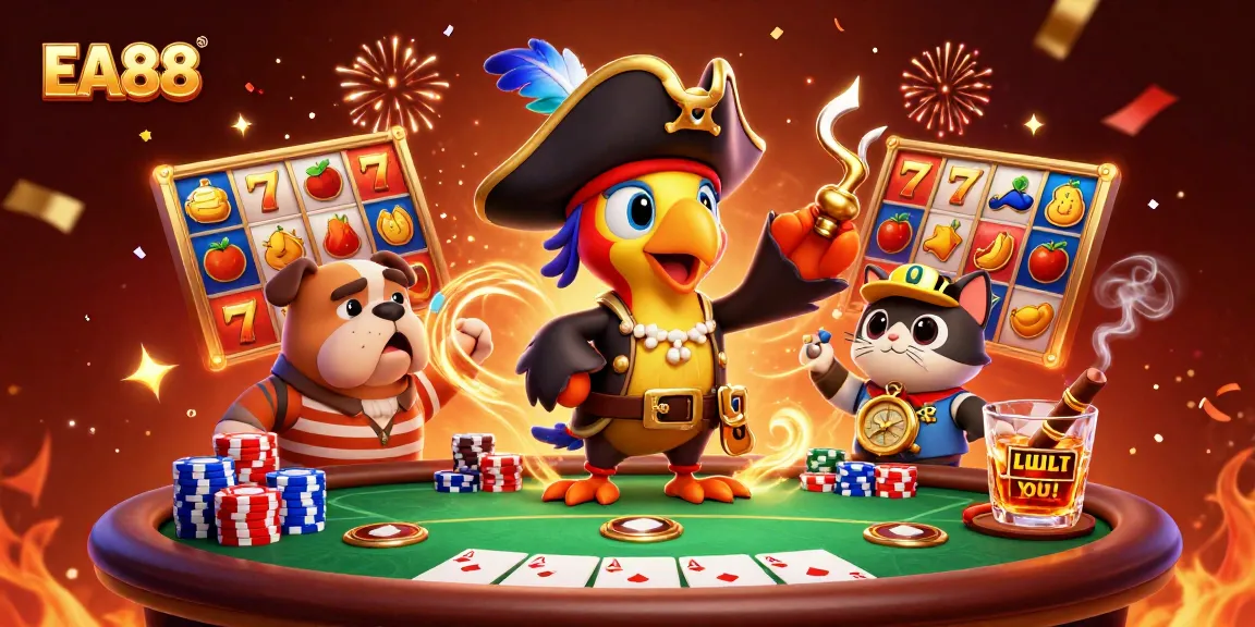 Engage with EA88's thrilling slots adventure featuring vibrant slot reels, a pirate captain, and a bulldog sidekick.