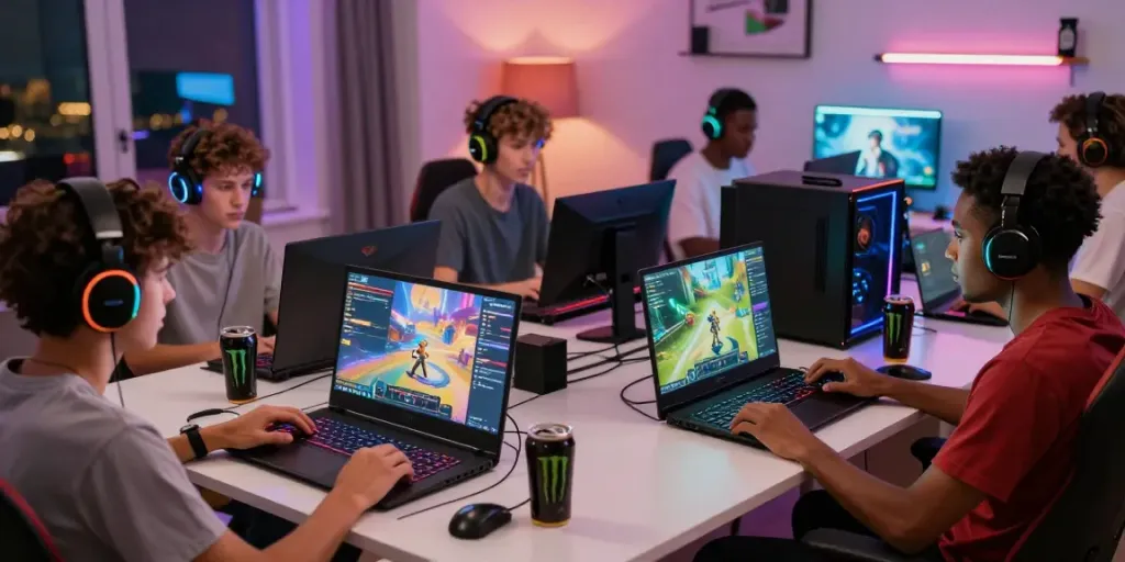 Engaged gamers at home exploring https://hitclub3.io/ with vibrant game graphics and bright LED lights.