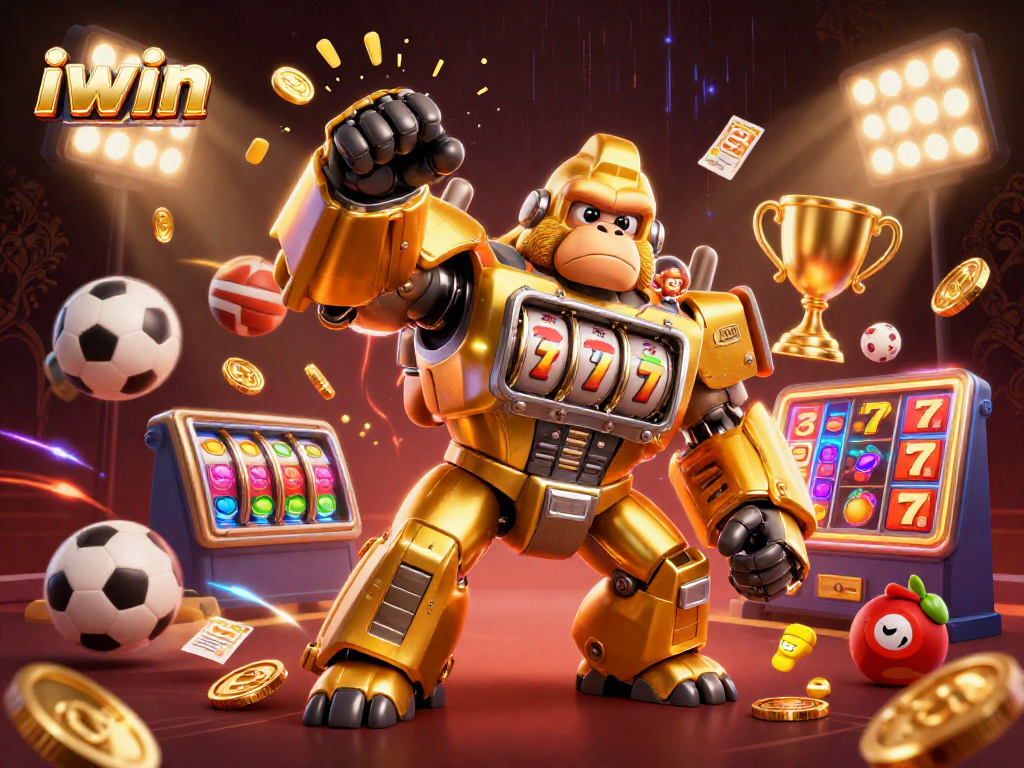 Experience thrilling gameplay with the iwin casino featuring a unique golden mech character interacting with dynamic sports elements.