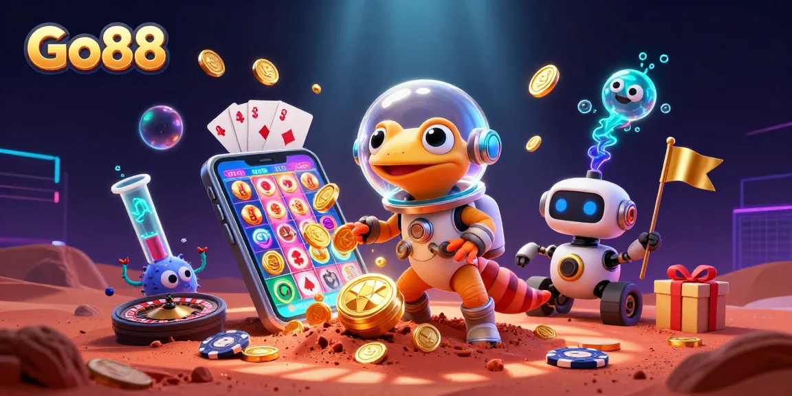 Experience the thrilling Go88 gaming universe with a dynamic Martian scene featuring slots, cards, and prizes.