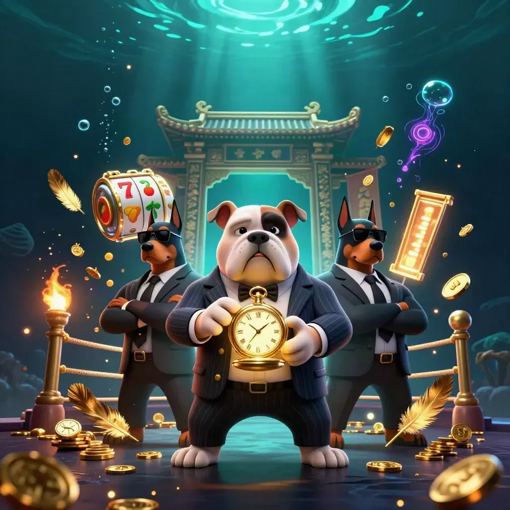Een maffiabuldog met twee dobermanns in een glinsterende onderwater-casinoscène.