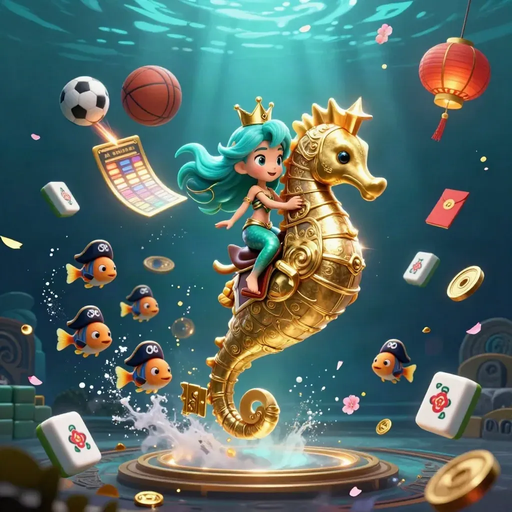 Zeemeermin op gouden zeepaard tussen sportballen, mahjongtegels en casino-magie onder water