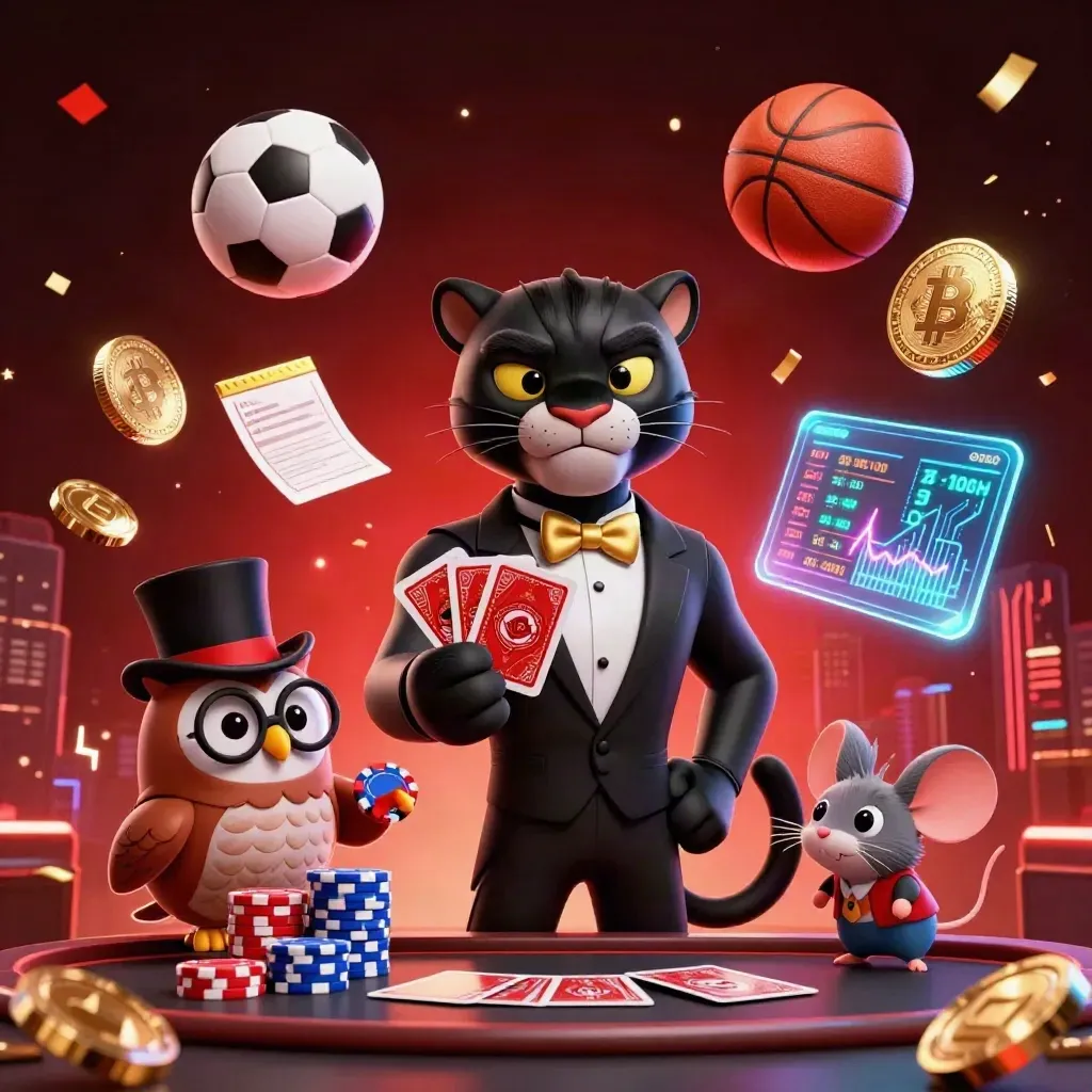 Panter, uil en muis in neon casino-sportscène met ballen, munten en vuurwerk.