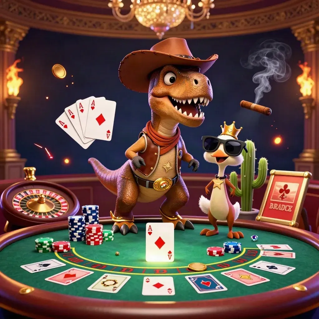 T-rex cowboy, cactus en sheriff-roadrunner bij een luxe casinotafel met fiches, kaarten en goud.