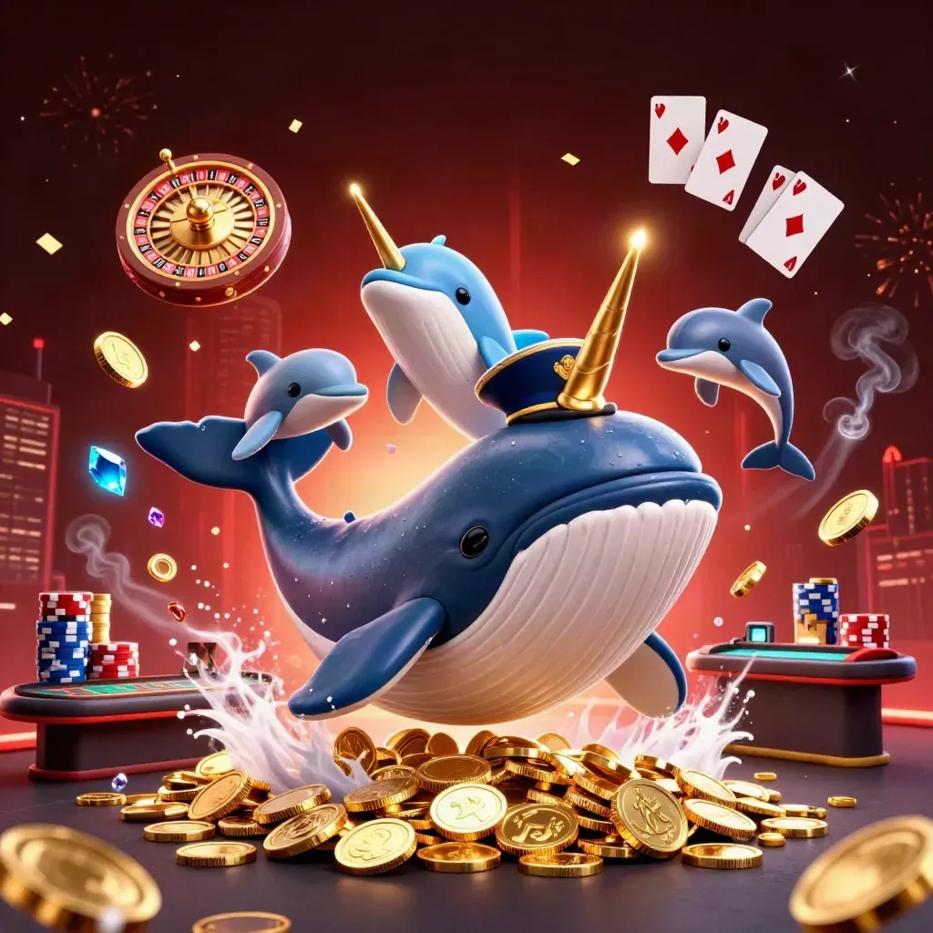 Walvis, narwal en dolfijnen in luxe casino met gouden munten, edelstenen en neonlicht.