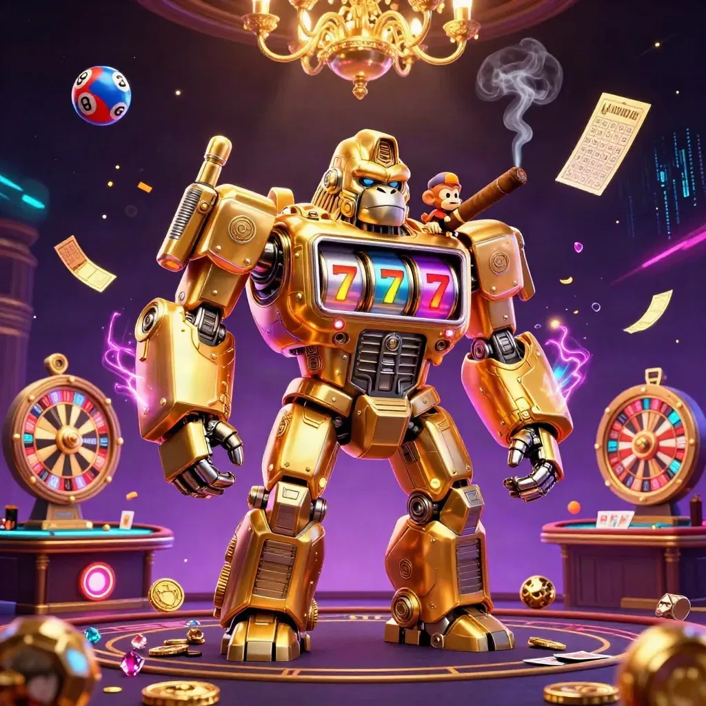 Gouden gorillamech met aapje in een neon casino, met ballen, kaarten en energie.