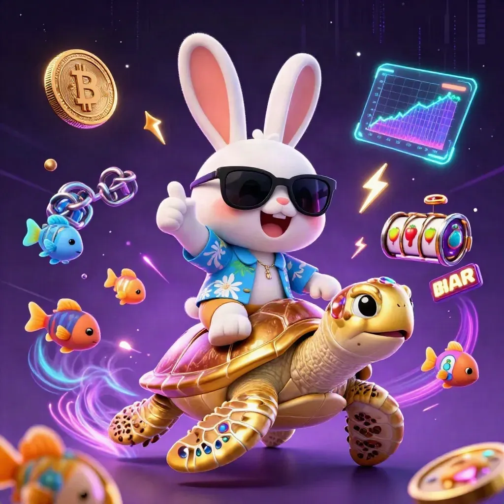 Blije 3D-konijn op gouden zeeschildpad, omringd door neon munten, vissen en casino-effecten.