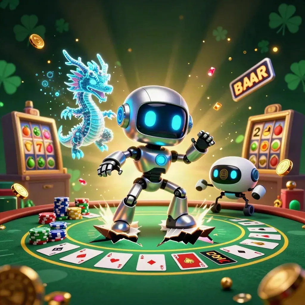 Cyberpunk robot, holografische draak en drone boven pokerchips met gouden glow en donkere groene achtergrond.