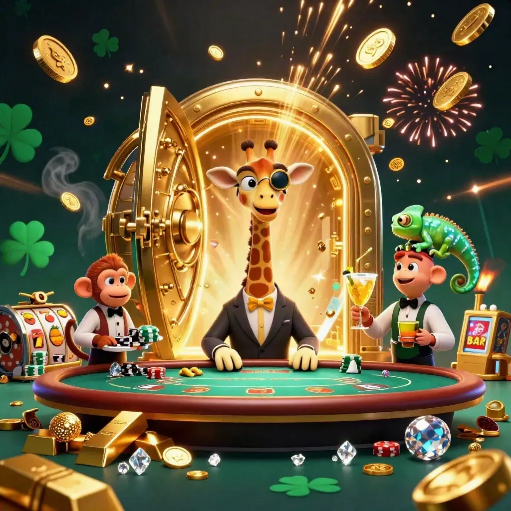 Giraffe, aap en kameleon vieren een goudexplosie in een luxe casino met vault, munten en reels.