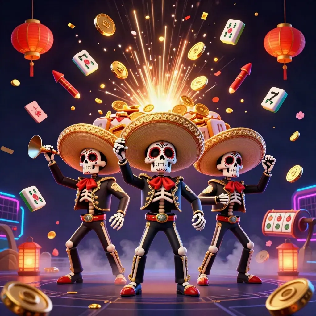 Drie skeletten-mariachi’s vieren een explosie van gouden munten, lantaarns en slot-symbolen in neon casino-stijl.
