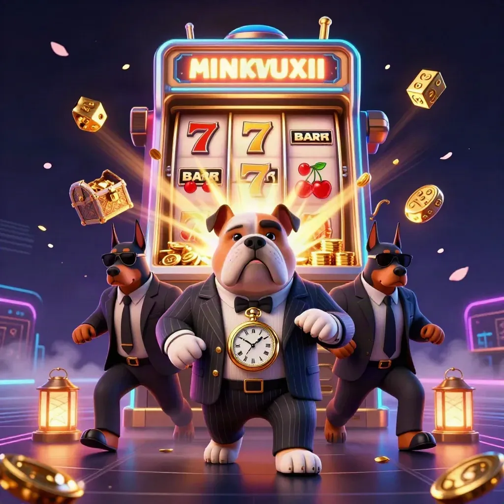 Maffiabulldog met twee dobbermans, slotmachine, dobbelstenen en goud in neon casinosfeer.